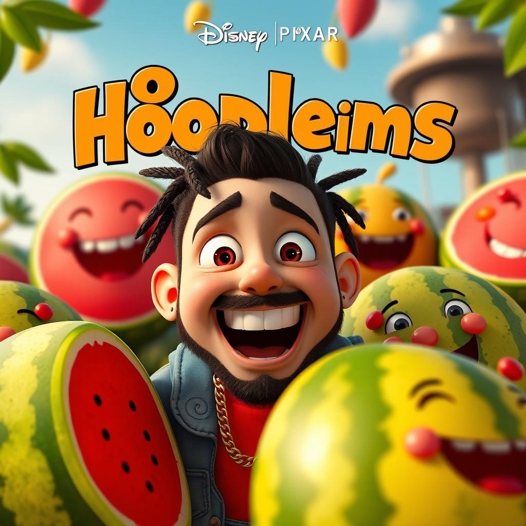 A Disney Pixar inspired movie poster titled "Hoodlems" featuring an animated version of Post Malone as a quirky character