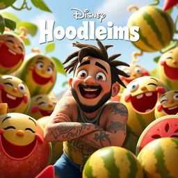 A Disney Pixar inspired movie poster titled "Hoodlems" featuring an animated version of Post Malone as a quirky character