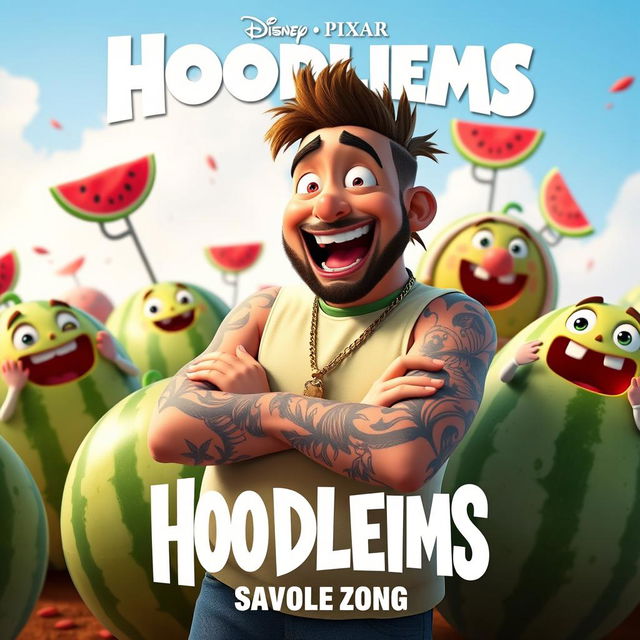 A Disney Pixar inspired movie poster titled "Hoodlems" featuring an animated version of Post Malone as a quirky character