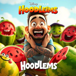 A Disney Pixar inspired movie poster titled "Hoodlems" featuring an animated version of Post Malone as a quirky character