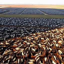 A vast corral on a large farm, filled with thousands of cattle feeding in an organized manner