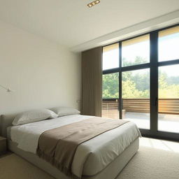 A modern, spacious bedroom with sleek furniture, neutral tones, natural light streaming through large windows, and minimal decoration.