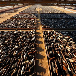 A vast corral on a large farm, filled with thousands of cattle feeding in an organized manner