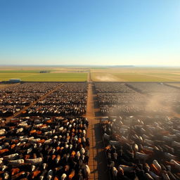 A vast corral on a large farm, filled with thousands of cattle feeding in an organized manner