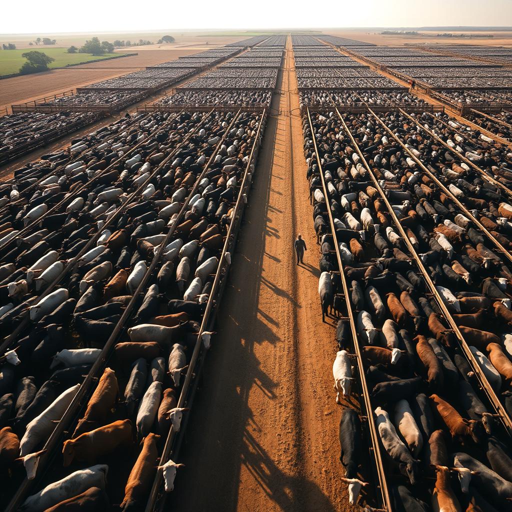 A vast corral on a large farm, filled with thousands of cattle feeding in an organized manner