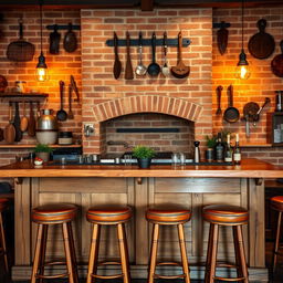 A wooden bar placed in front of a brick parrillero (Argentinian grill), featuring rustic wood elements for the bar structure itself, a brick backdrop for the grill area, and ambient warm lighting