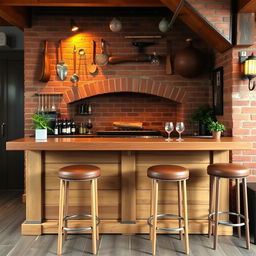 A wooden bar placed in front of a brick parrillero (Argentinian grill), featuring rustic wood elements for the bar structure itself, a brick backdrop for the grill area, and ambient warm lighting