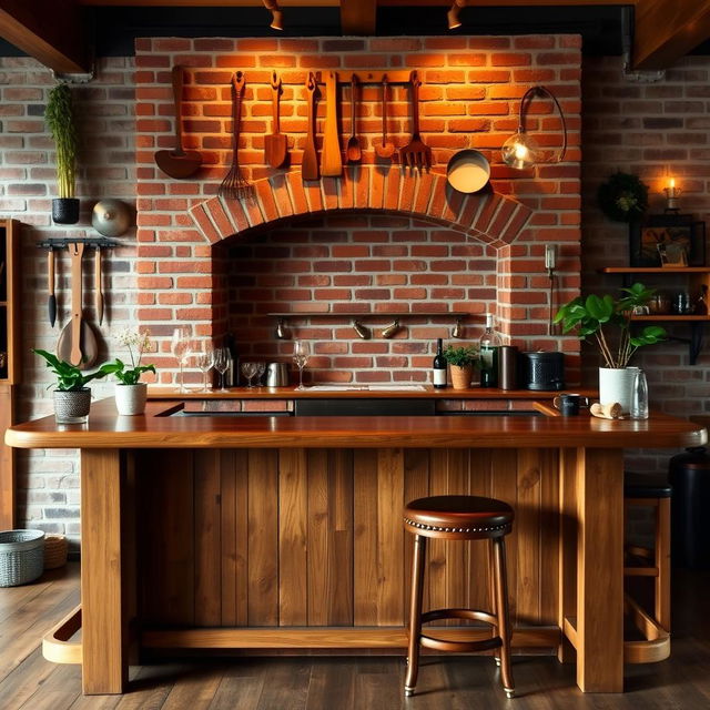 A wooden bar placed in front of a brick parrillero (Argentinian grill), featuring rustic wood elements for the bar structure itself, a brick backdrop for the grill area, and ambient warm lighting