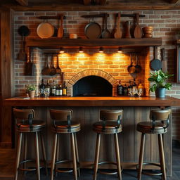 A wooden bar placed in front of a brick parrillero (Argentinian grill), featuring rustic wood elements for the bar structure itself, a brick backdrop for the grill area, and ambient warm lighting