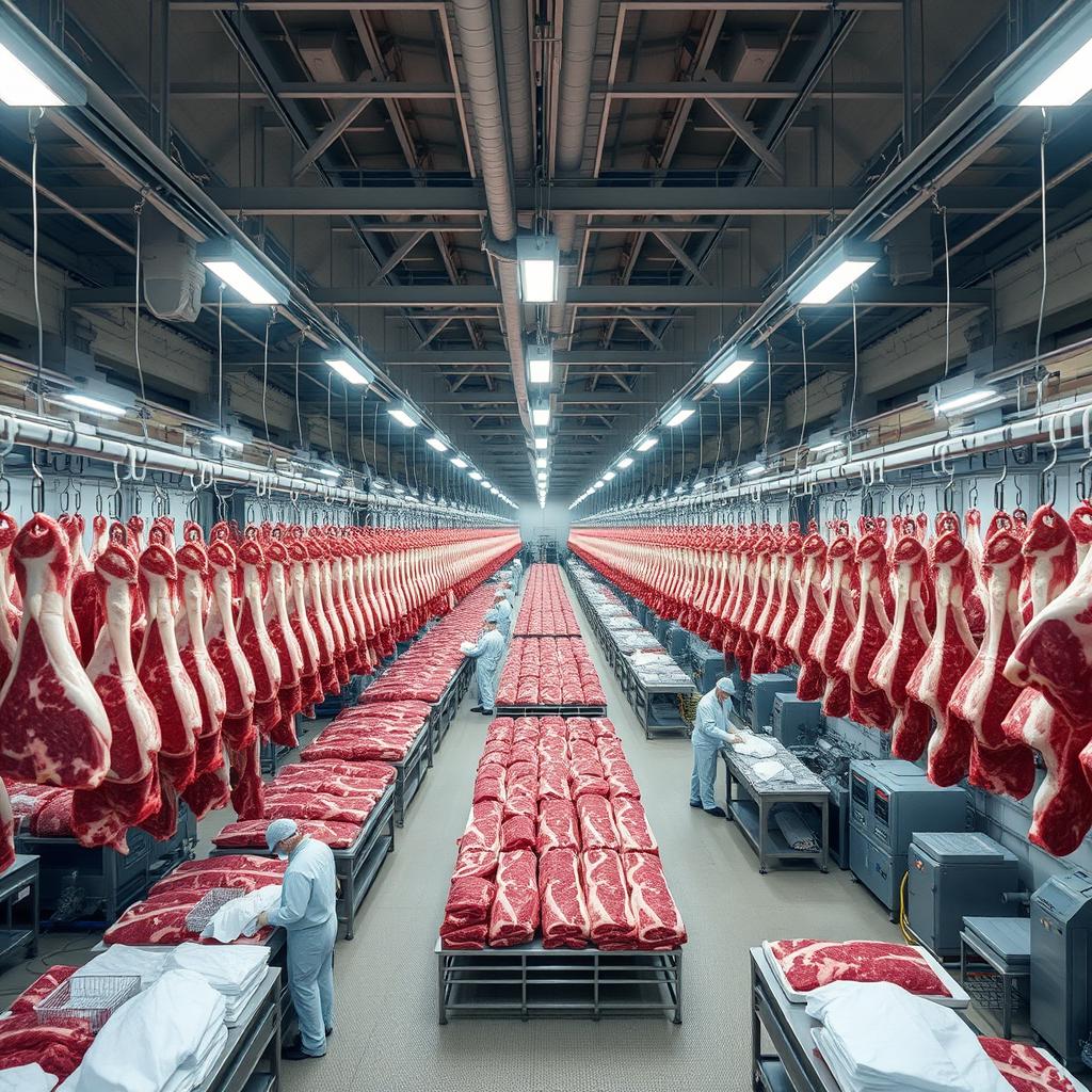 Inside a massive industrial cold storage facility, thousands of kilograms of beef hang systematically from hooks, as numerous dedicated workers process the meat daily with expertise and efficiency