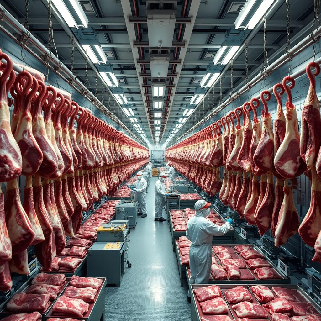 Inside a massive industrial cold storage facility, thousands of kilograms of beef hang systematically from hooks, as numerous dedicated workers process the meat daily with expertise and efficiency