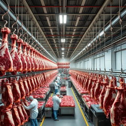 Inside a massive industrial cold storage facility, thousands of kilograms of beef hang systematically from hooks, as numerous dedicated workers process the meat daily with expertise and efficiency