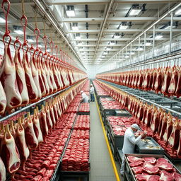 Inside a massive industrial cold storage facility, thousands of kilograms of beef hang systematically from hooks, as numerous dedicated workers process the meat daily with expertise and efficiency