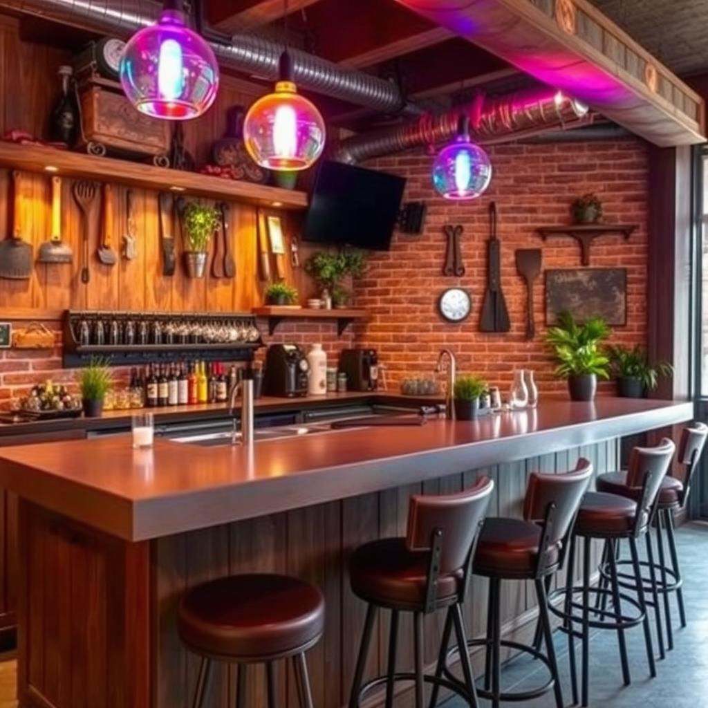 A stylish bar designed for a quincho (Argentinian barbecue place), featuring rustic wood elements, a polished concrete countertop, and traditional Argentinian barbecue tools hanging on the wall
