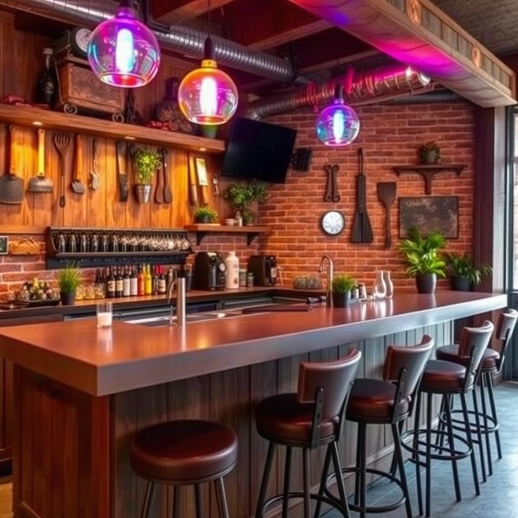 A stylish bar designed for a quincho (Argentinian barbecue place), featuring rustic wood elements, a polished concrete countertop, and traditional Argentinian barbecue tools hanging on the wall