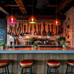 A stylish bar designed for a quincho (Argentinian barbecue place), featuring rustic wood elements, a polished concrete countertop, and traditional Argentinian barbecue tools hanging on the wall