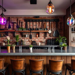 A stylish bar designed for a quincho (Argentinian barbecue place), featuring rustic wood elements, a polished concrete countertop, and traditional Argentinian barbecue tools hanging on the wall