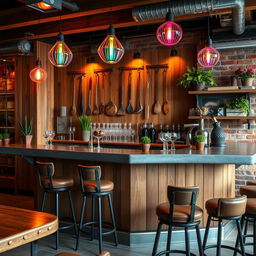 A stylish bar designed for a quincho (Argentinian barbecue place), featuring rustic wood elements, a polished concrete countertop, and traditional Argentinian barbecue tools hanging on the wall