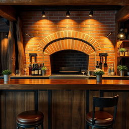 A wooden bar placed in front of a brick parrillero (Argentinian grill), with rustic wood elements and the grill area featuring a brick backdrop