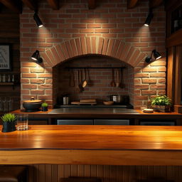 A wooden bar placed in front of a brick parrillero (Argentinian grill), with rustic wood elements and the grill area featuring a brick backdrop