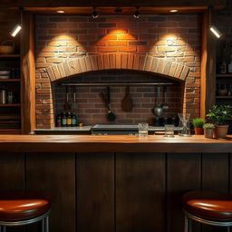 A wooden bar placed in front of a brick parrillero (Argentinian grill), with rustic wood elements and the grill area featuring a brick backdrop