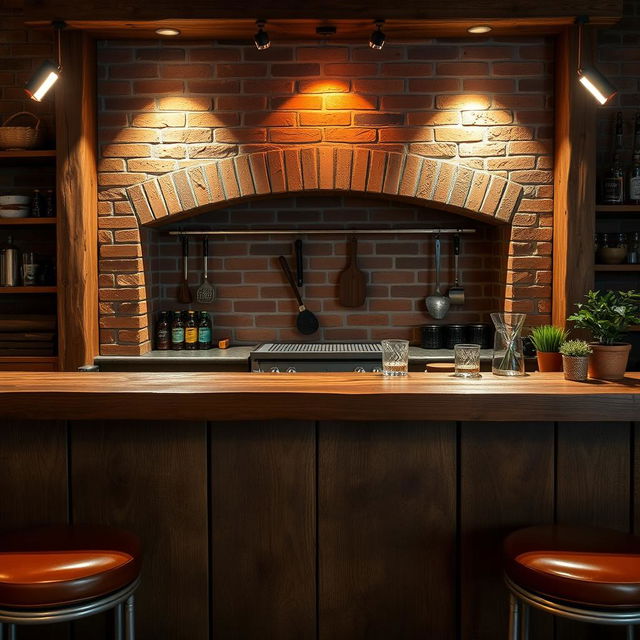 A wooden bar placed in front of a brick parrillero (Argentinian grill), with rustic wood elements and the grill area featuring a brick backdrop