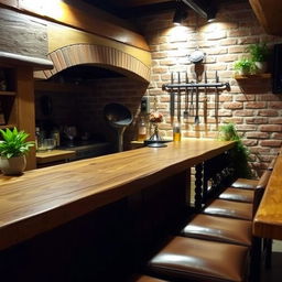 A wooden bar placed in front of a brick parrillero (Argentinian grill), with rustic wood elements and the grill area featuring a brick backdrop