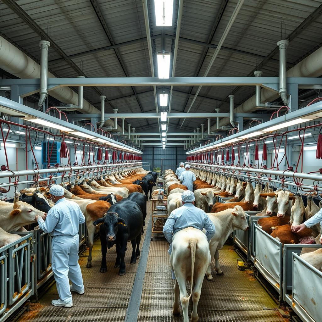 Inside a high-capacity cattle slaughterhouse, the processing of cattle is conducted with precision and efficiency