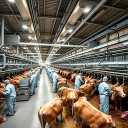 Inside a high-capacity cattle slaughterhouse, the processing of cattle is conducted with precision and efficiency