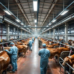 Inside a high-capacity cattle slaughterhouse, the processing of cattle is conducted with precision and efficiency