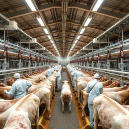 Inside a high-capacity cattle slaughterhouse, the processing of cattle is conducted with precision and efficiency