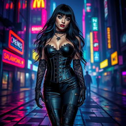 A gothic, sexy girl with a cyberpunk theme, standing in a dark, futuristic cityscape