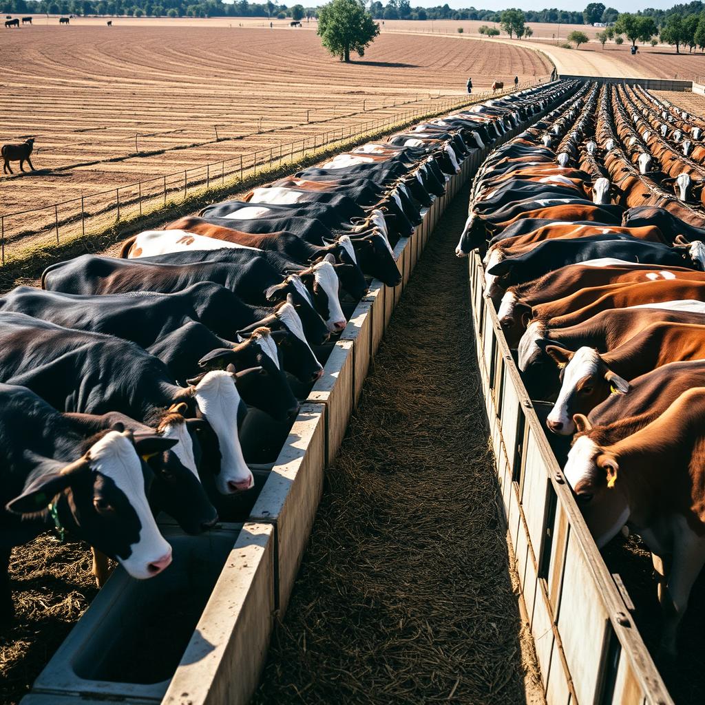 An infinite row of cattle feeding from troughs along the edge of a stable, the scene captures the orderly confinement of the livestock