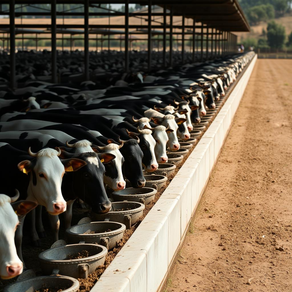 An infinite row of cattle feeding from troughs along the edge of a stable, the scene captures the orderly confinement of the livestock