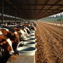 An infinite row of cattle feeding from troughs along the edge of a stable, the scene captures the orderly confinement of the livestock