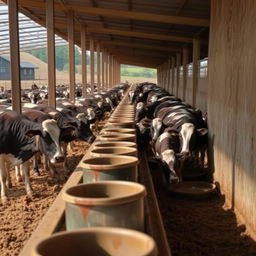 An infinite row of cattle feeding from troughs along the edge of a stable, the scene captures the orderly confinement of the livestock