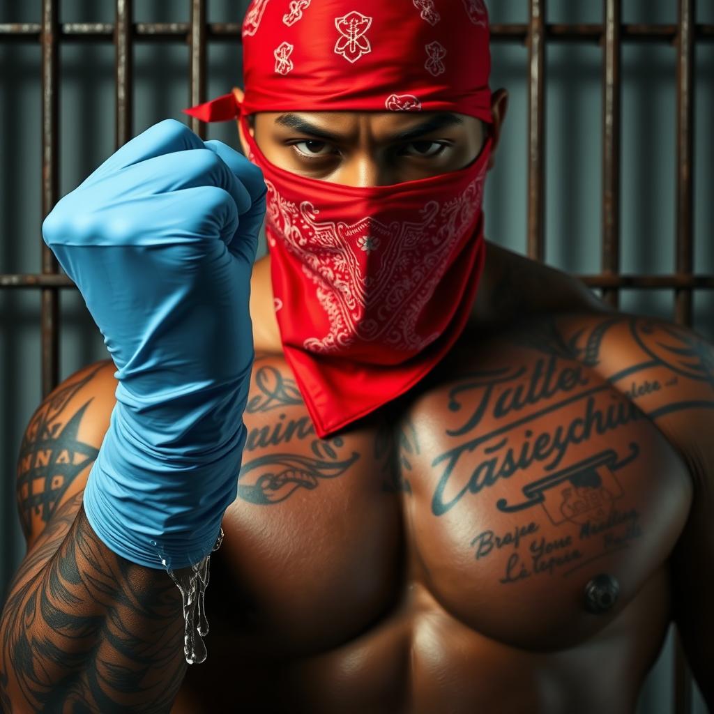 An extreme close-up, torso shot of a large muscular African American gang member wearing a red bandana mask covering his nose and mouth