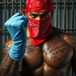 An extreme close-up, torso shot of a large muscular African American gang member wearing a red bandana mask covering his nose and mouth