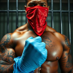 An extreme close-up, torso shot of a large muscular African American gang member wearing a red bandana mask covering his nose and mouth