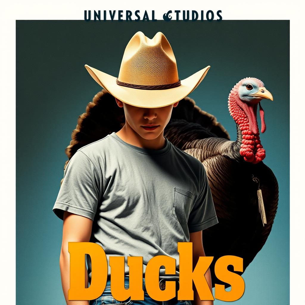 Universal Studios movie poster titled "Ducks" showcasing a young man with his face hidden beneath a cowboy hat, wearing a grey short-sleeve t-shirt and blue jeans