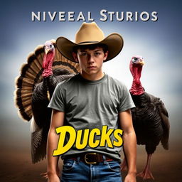 Universal Studios movie poster titled "Ducks" showcasing a young man with his face hidden beneath a cowboy hat, wearing a grey short-sleeve t-shirt and blue jeans