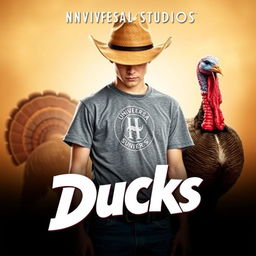 Universal Studios movie poster titled "Ducks" showcasing a young man with his face hidden beneath a cowboy hat, wearing a grey short-sleeve t-shirt and blue jeans