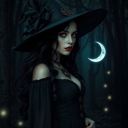 A gothic, sexy witch girl in a dark, enchanting forest