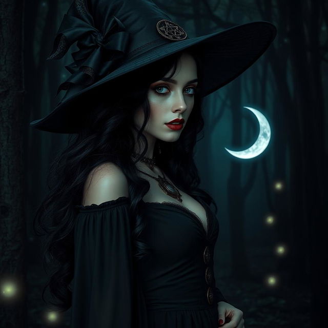 A gothic, sexy witch girl in a dark, enchanting forest