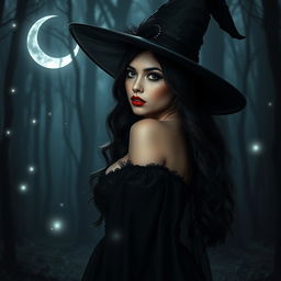 A gothic, sexy witch girl in a dark, enchanting forest