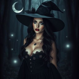 A gothic, sexy witch girl in a dark, enchanting forest