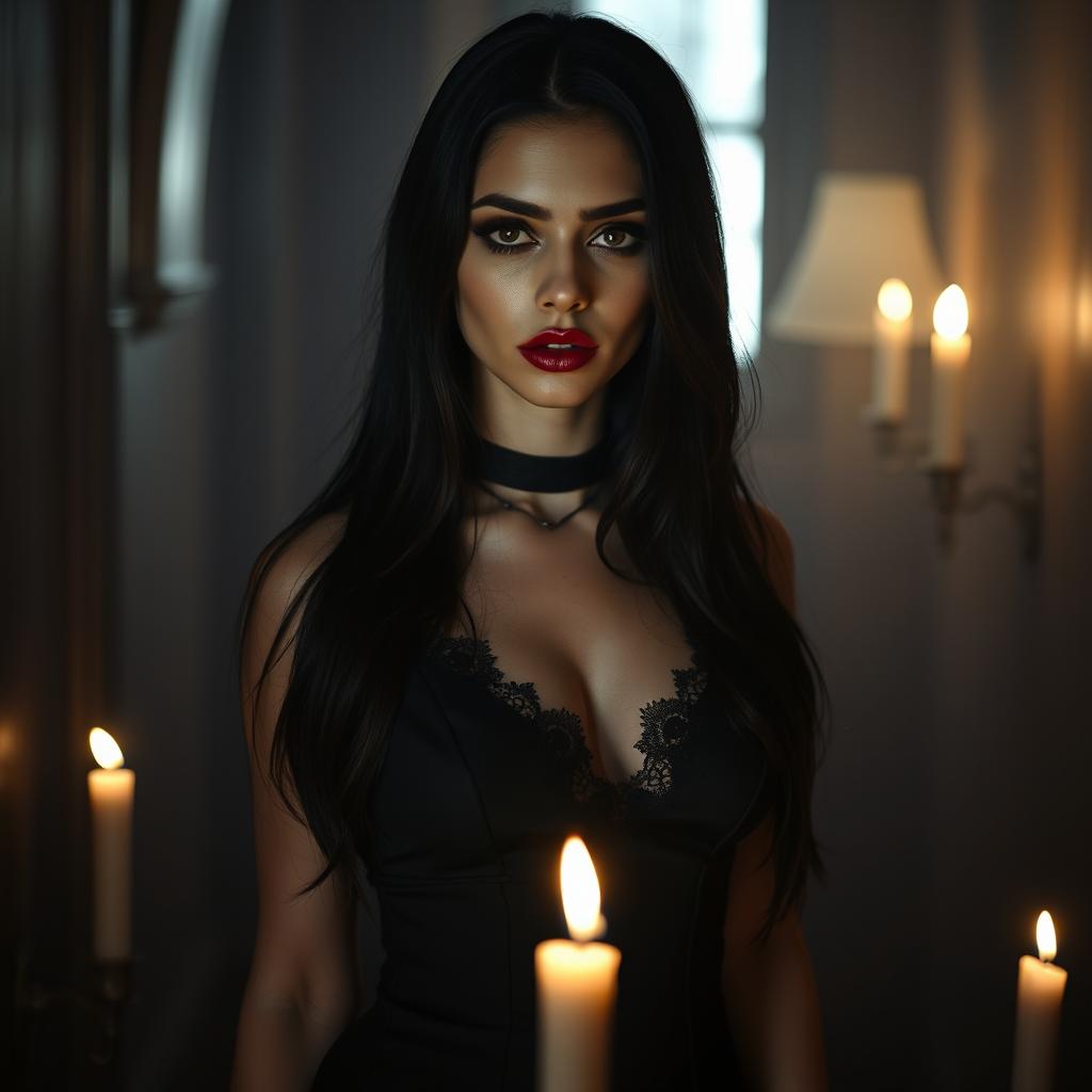 A gothic, sexy girl standing in a mysterious, dimly lit environment