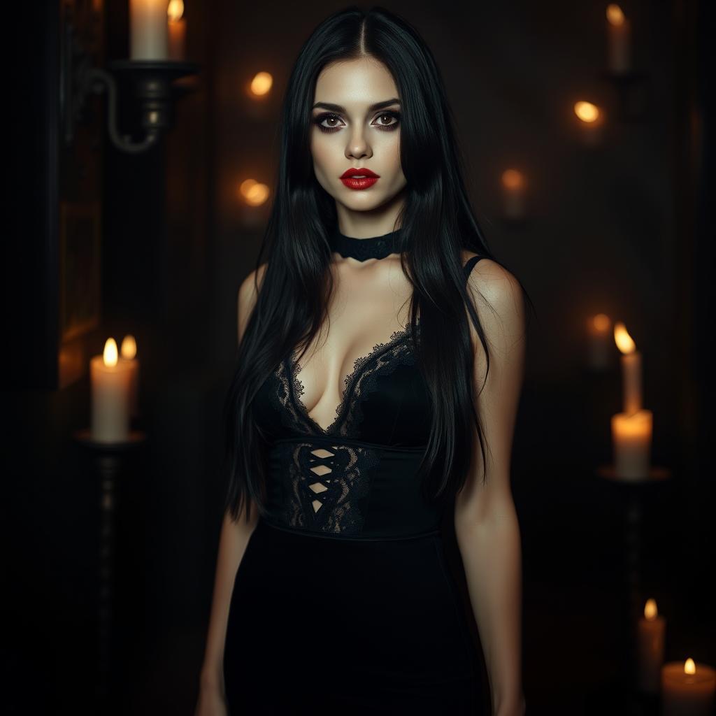 A gothic, sexy girl standing in a mysterious, dimly lit environment