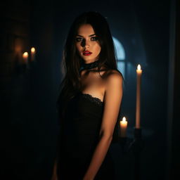 A gothic, sexy girl standing in a mysterious, dimly lit environment