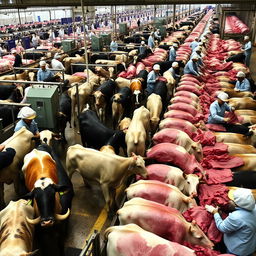 Thousands of cattle being processed in an industrial slaughterhouse